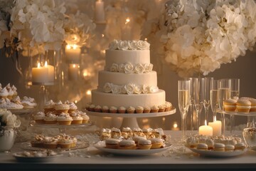 An elegant wedding dessert table filled with tiered cakes, mini tarts, macarons, and champagne flutes