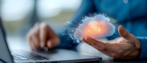 Fototapeta premium Virtual hologram representation showcasing the seamless of cloud storage secure data backup and effortless data synchronization across various digital platforms and devices