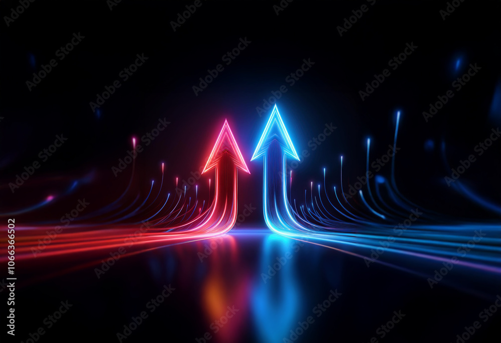 Wall mural Two glowing neon arrows, one red and one blue, point upward, surrounded by streaks of light on a dark background.