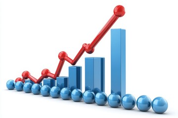 Upward growth trend  blue bar chart with rising red line and spheres on a white background