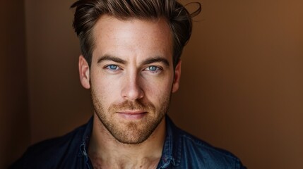 Obraz premium Intense Gaze: Close-Up Portrait of a Man with Blue Eyes