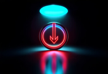 A red neon arrow pointing down in a circle, glowing with a blue light, reflecting off a dark surface.