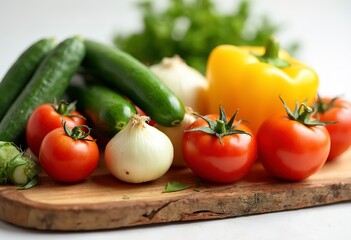 Assorted fresh vegetables including tomatoes, cucumbers, onions, and bell peppers on a wooden cutting board