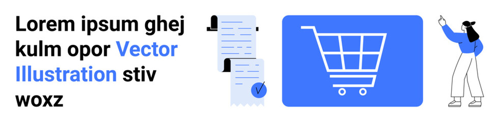 Shopping cart, documents, and woman reviewing data. Ideal for e-commerce, business reports, data analysis, online shopping, digital transactions, productivity tools, marketing strategies. Landing