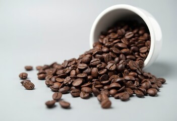 Naklejka premium Roasted coffee beans spilled out of a white bowl on a light background