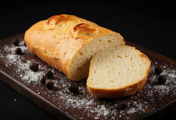 Sliced bread on a dark background with salt or pepper grains scattered around