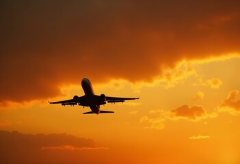 Silhouette of a large commercial airplane flying against a dramatic orange and yellow cloudy sky at sunset