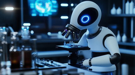 A robot powered by artificial intelligence uses a microscope in a science lab, showcasing the potential of AI in research.