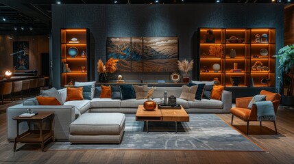 Interior of dark living room with couch, shelving units and glowing lamps
