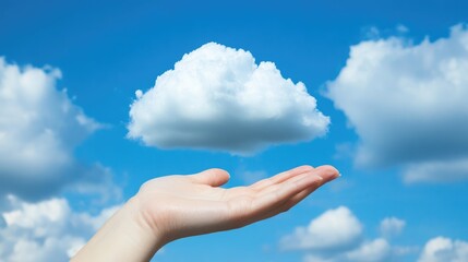 Hand Reaching for the Cloud: A solitary hand stretches towards a fluffy white cloud in a vibrant blue sky, symbolizing aspirations, growth, and the potential for limitless possibilities. 