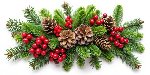 A festive arrangement of evergreen boughs adorned with clusters of red berries and pinecones, symbolizing the spirit of the season.