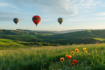 Obraz premium Colorful hot air balloons floating above soft, rolling hills covered in green grass and wildflowers.