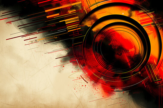 A colorful abstract painting with a red circle in the center