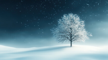 serene winter landscape featuring solitary tree covered in snow, under starry night sky. tranquil scene evokes sense of calm and beauty