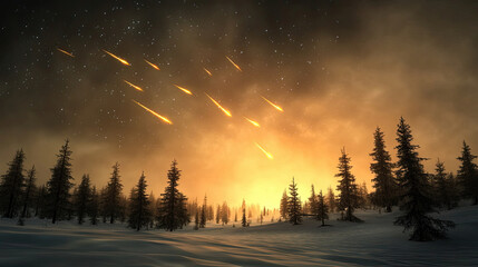 Obraz premium dramatic winter scene featuring fiery sky with meteors falling over snowy landscape, surrounded by tall evergreen trees. atmosphere is intense and captivating