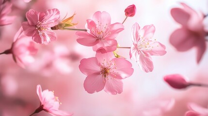 Obraz premium Petals of pink flowers in motion create a serene scene showcasing lifelike cherry blossoms or roses that evoke romance and affection in a delightful spring setting