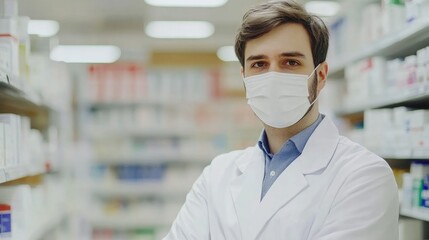 Pharmacist providing safety measures in pharmacies while addressing health concerns and ensuring protection against viruses