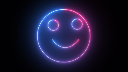 Glowing neon smile face emoticon symbol blinking animation. Happy emoji facial expression icon loop motion graphics video with alpha channel. Abstract positive emotion sign animation.