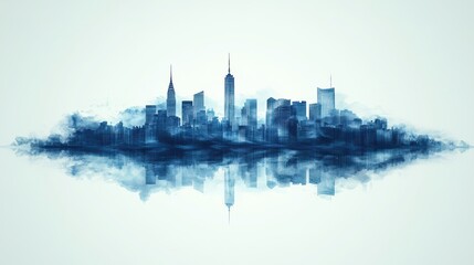 Obraz premium A stunning blue watercolor skyline illustration representing a modern city with iconic tall buildings and a serene atmosphere.