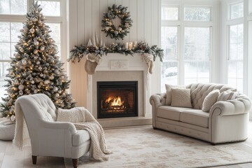Elegant white-walled living room with a fireplace, silver, beige, and gold Christmas tree, and a white armchair next to the sofa, creating a festive atmosphere.