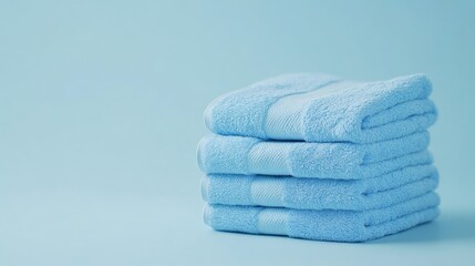 Stack of blue towels in a clean pristine environment against a light blue backdrop Represents concepts of cleanliness and freshness
