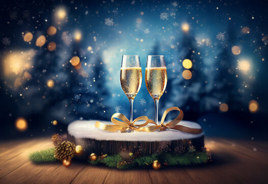 Two champagne flutes sit on a snowy wooden stump with a golden ribbon, pine branches, and ornaments, in front of a blue and white bokeh background.