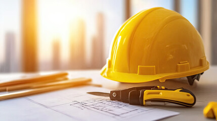 yellow hard hat and utility knife on construction plans, symbolizing safety and planning in construction. warm sunlight enhances focus on tools