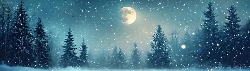 Fototapeta premium A Snowy Forest Scene with a Full Moon in the Night Sky