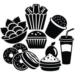 Silhouette snacks food vector art collection on white background for healthy food project