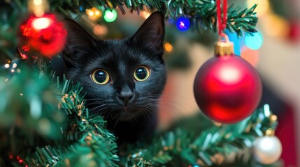 Obraz premium Playful black cat peeks from behind a vibrant Christmas tree in a festive setting