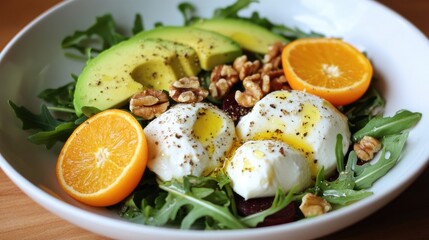 Savory and Nutritious Arugula Salad with Mozzarella Avocado Beetroot Walnuts and Oranges An Ideal Dish for Any Event