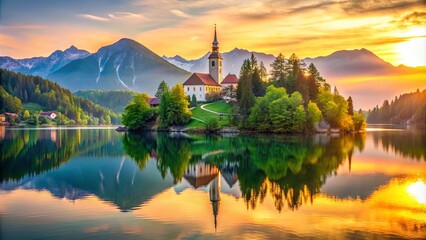 Fototapeta premium Serene Reflection of a Church on a Tranquil Island, Encircled by Verdant Trees and Majestic Mountains at Dawn