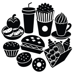 Silhouette snacks food vector art collection on white background for healthy food project