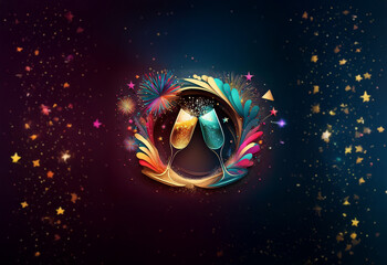Fototapeta premium Two champagne glasses clinking, surrounded by colorful feathers and a golden circle, with a background of twinkling stars.
