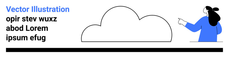 Woman with black hair in a blue outfit pointing at a large cloud alongside placeholder text. Ideal for tech presentations, weather apps, cloud services, educational materials, marketing content