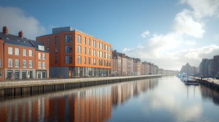 Modern architecture reflected in a canal in a European city with clear blue sky.