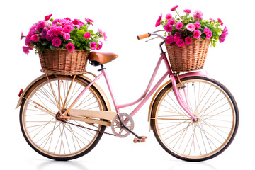 bicycle with basket of flowers isolated on white background, clipping path.
