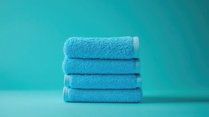 Stack of blue towels against a turquoise backdrop featuring a minimalist design that conveys cleanliness and hygiene