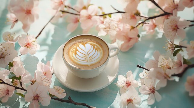 Spring arrangement featuring a cup of hot coffee surrounded by blooming tree branches outdoors The coffee cup showcases latte art amidst the spring blossoms set on a garden table