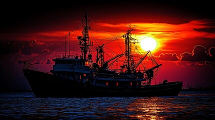 Fototapeta premium Silhouetted Fishing Boat Against Dramatic Sunset Horizon