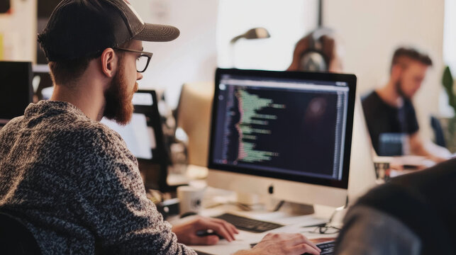 A team of programmers is creating a website for their company. They're using design and coding skills to build the site.