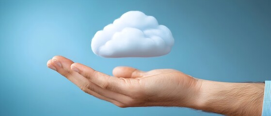 Holographic cloud icon in a man s hand symbolizing secure data storage and digital transformation  Futuristic technology concept with a clean minimalist design and ample background space
