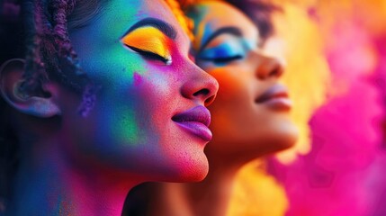 Portrait of a young couple with vibrant makeup in traditional costumes celebrating a cultural festival Close up view Banner