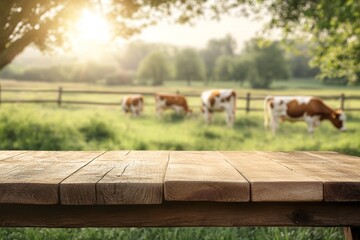 Wood tabletop on cow farm background  ideal outdoor podium for milk presentation mockup
