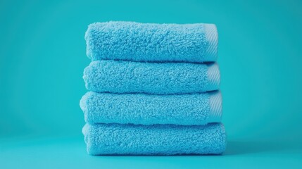 Stack of blue towels against a turquoise backdrop featuring a minimalist design that conveys cleanliness and hygiene