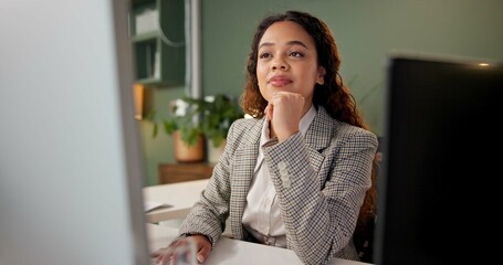 Thinking, planning and woman in office with computer, research and reading email, report or...