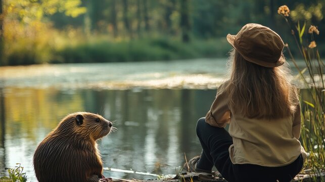 Rear view of a girl watching a beaver by a pond during wildlife observation in its natural environment
