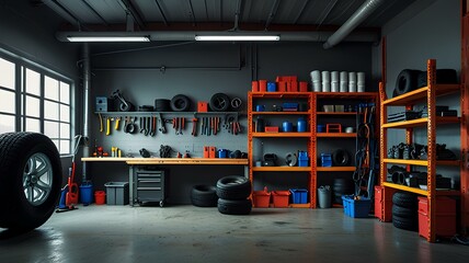 Empty garage workshop space interior full of tires and tools for car fixing. Shelf full of mechanic equipment, repairman workspace or workplace studio or station, automotive center indoor with window