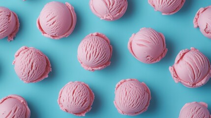 Obraz premium Pink ice cream on a vibrant blue backdrop ideal for promotional materials featuring frozen treats and playful design