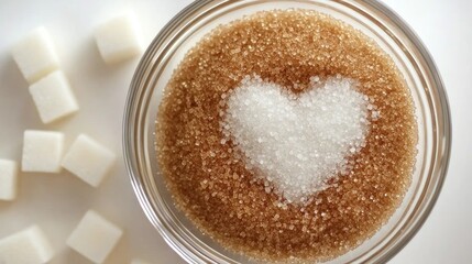 Overhead view of brown sugar in a glass bowl alongside white sugar cubes on a white surface featuring a heart shape made from stevia
